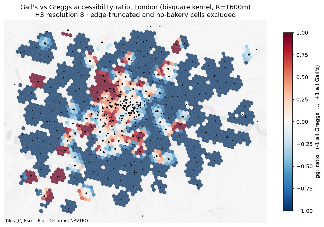 H3 hexbin choropleth of the Gail&rsquo;s vs Greggs accessibility ratio