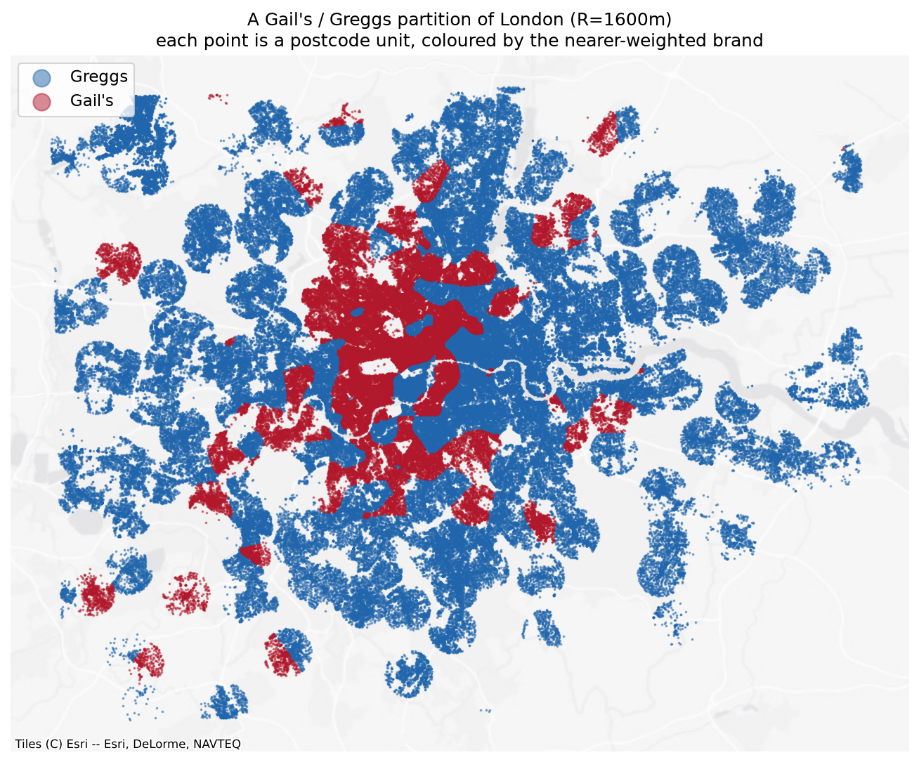 A Gail&rsquo;s / Greggs partition of London. Each dot is a postcode unit, coloured by which chain&rsquo;s accessibility is higher.